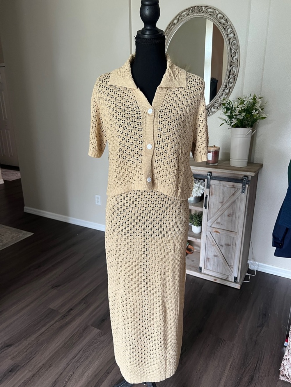 Amazon Beige Crochet Knit Maxi Skirt Set